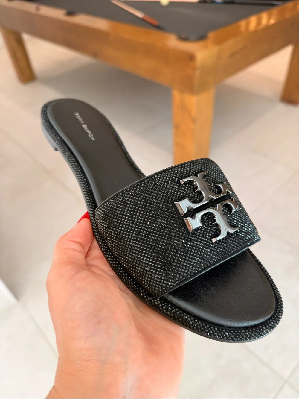 Tory Burch Everly Crystal Slide Sandals‎ Black Women’s RUNS SMALL Size 9